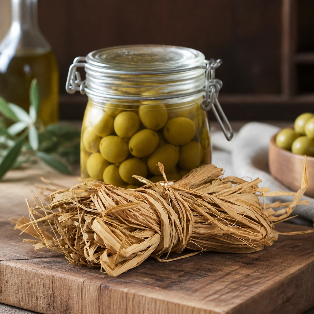 La rafia naturale 30g di colore beige dorato disposta su una tavola di legno mostra un uso versatile per la decorazione e l'artigianato.