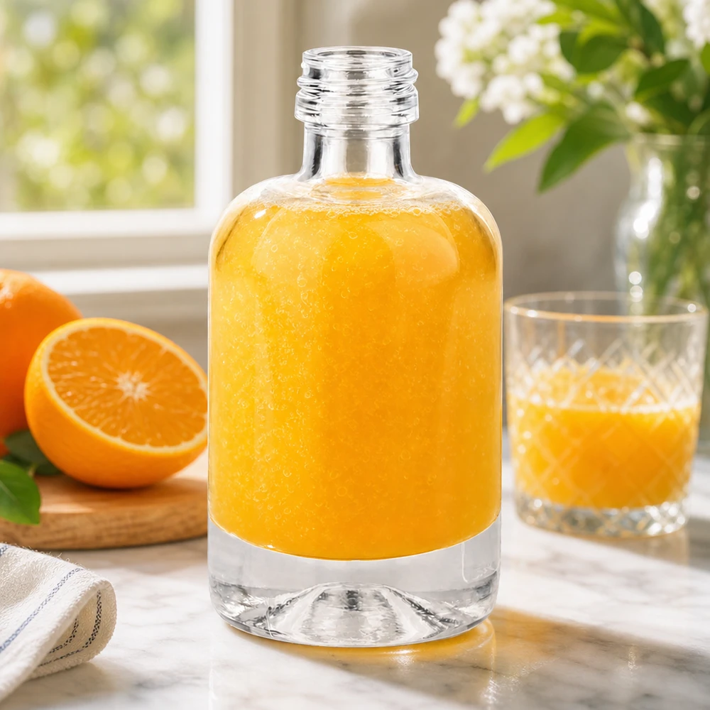 Bottiglia in vetro da 40 ml Sara senza tappo a vite UNiTWIST® Bottiglia di vetro da 40 ml Sara riempita di succo d'arancia mostra la versatilità per bevande e cosmetici senza tappo