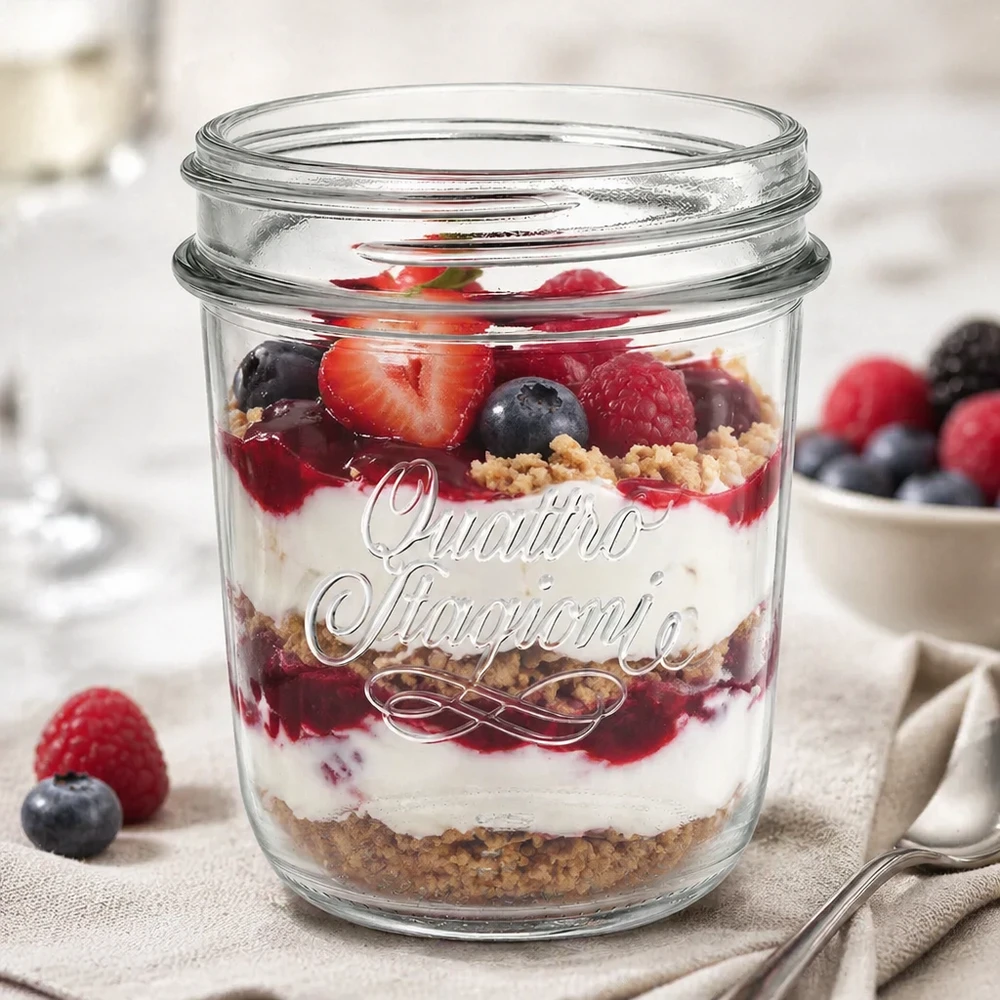 Bicchieri "Quattro Stagioni" da 320 ml QS86mm Quattro Stagioni mason jar 320ml riempito con dessert a strati ai frutti di bosco QS86mm screw top mason jar