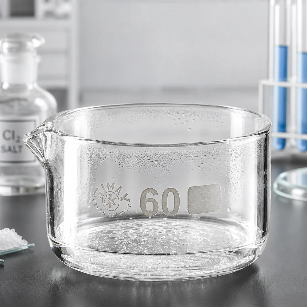 Piatto per cristallizzazione da 60 ml con beccuccio Bo. ø60mm Ciotola di cristallizzazione da 60 ml in vetro borosilicato Simax (Repubblica Ceca), con beccuccio piatto e forma cilindrica, trasparente, da laboratorio