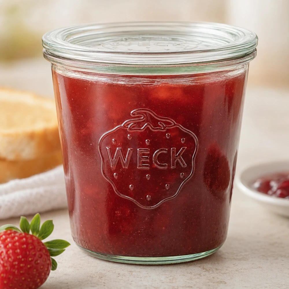 Barattolo di vetro da 580 ml con coperchio in vetro WECK RR100 Bicchieri WECK 580ml RR100 con marmellata di fragole rosse e logo della fragola sul piano di lavoro della cucina