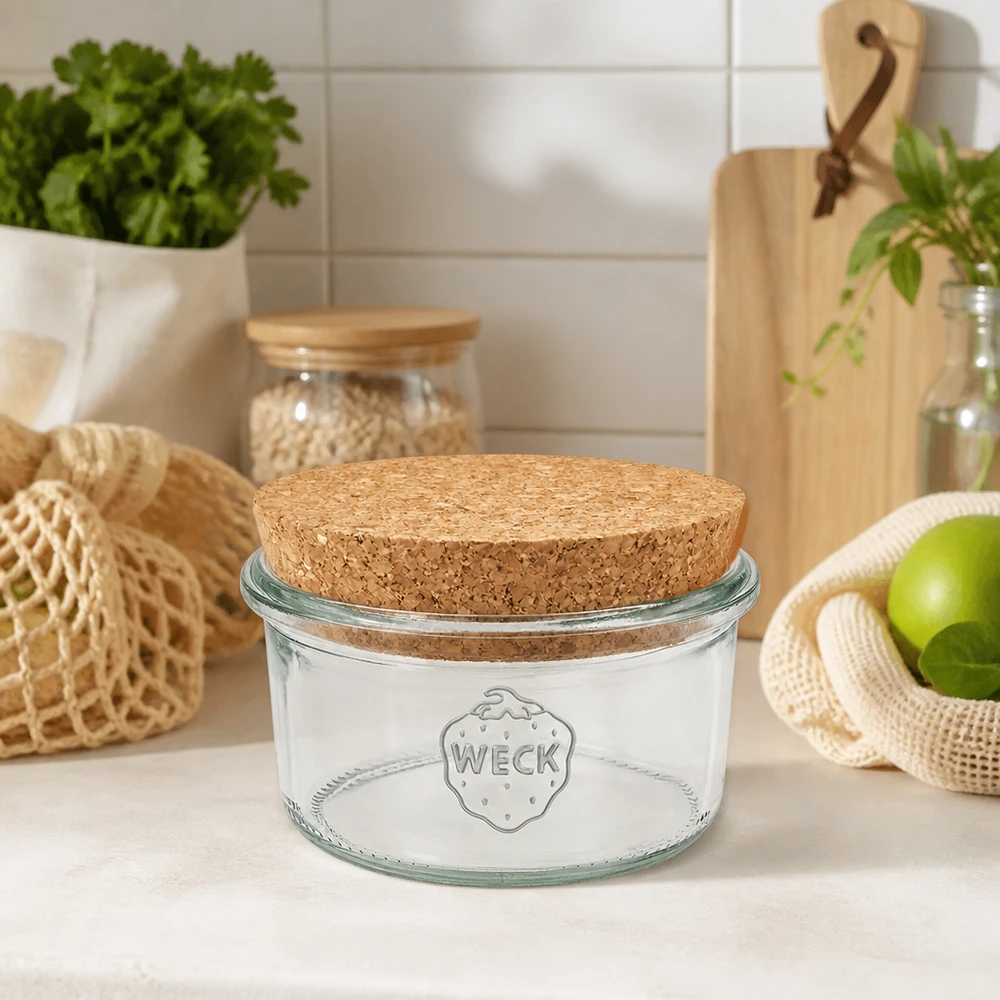 Bicchieri da 165 ml WECK RR80 con tappo in sughero naturale WECK Vorratsglas 165ml RR80 Korkdeckel Küchendeko skandinavisch nachhaltige Aufbewahrung Zero Waste Lifestyle