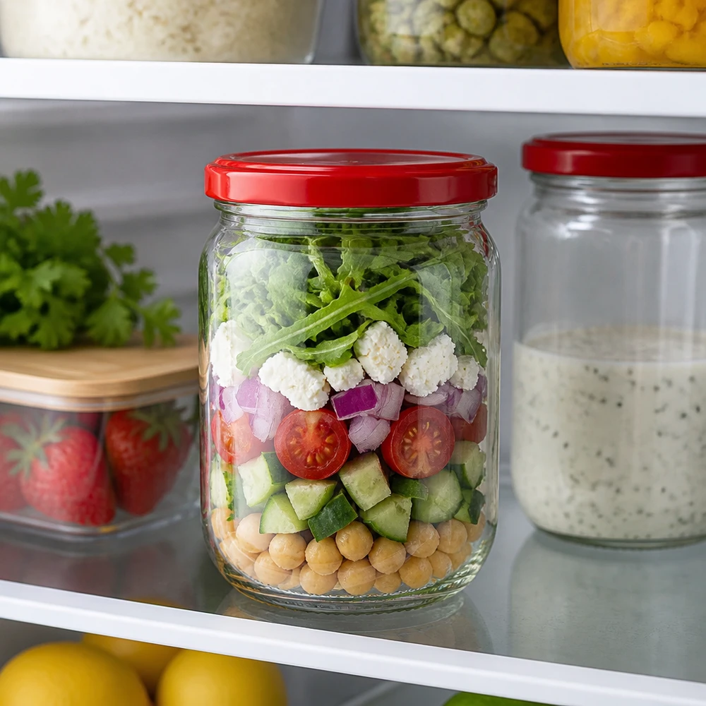 L'insalata a strati nel barattolo di vetro rotondo UNiTWIST da 555 ml è ideale per preparare i pasti in anticipo e conservare gli alimenti freschi