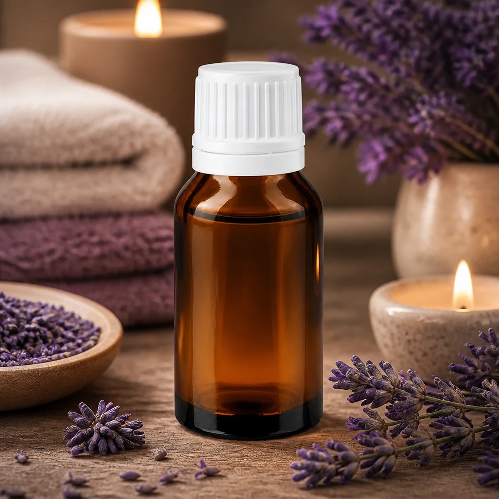 Flacone di vetro marrone da 30 ml con tappo OV bianco, circondato da fiori di lavanda e candele