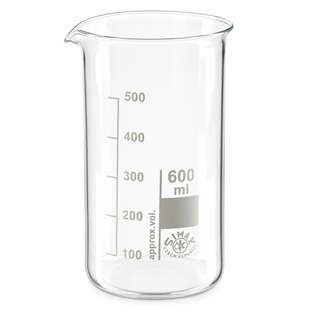 Bicchiere da 600 ml in vetro borosilicato, forma alta Bicchiere da laboratorio da 600 ml, modello alto, in vetro borosilicato con scala graduata in millilitri da 100 a 500 ml