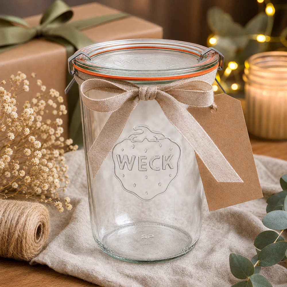 Bicchieri WECK da 850 ml RR100 come idea regalo, decorati con fiocco e ciondolo in un'accogliente scena natalizia