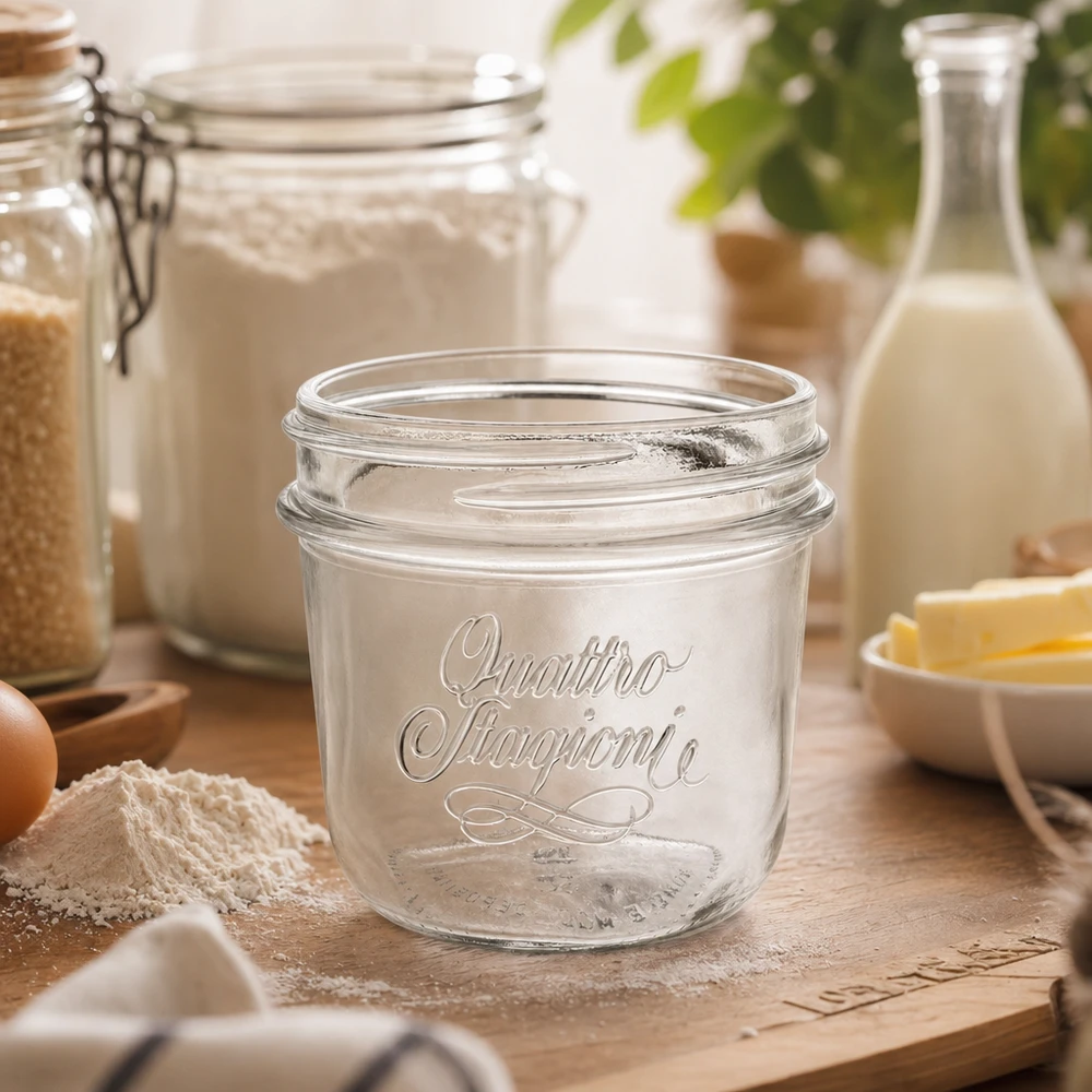 Barattolo di vetro Quattro Stagioni da 200 ml su tavolo di legno con ingredienti da forno farina uova e bottiglia di latte in cucina