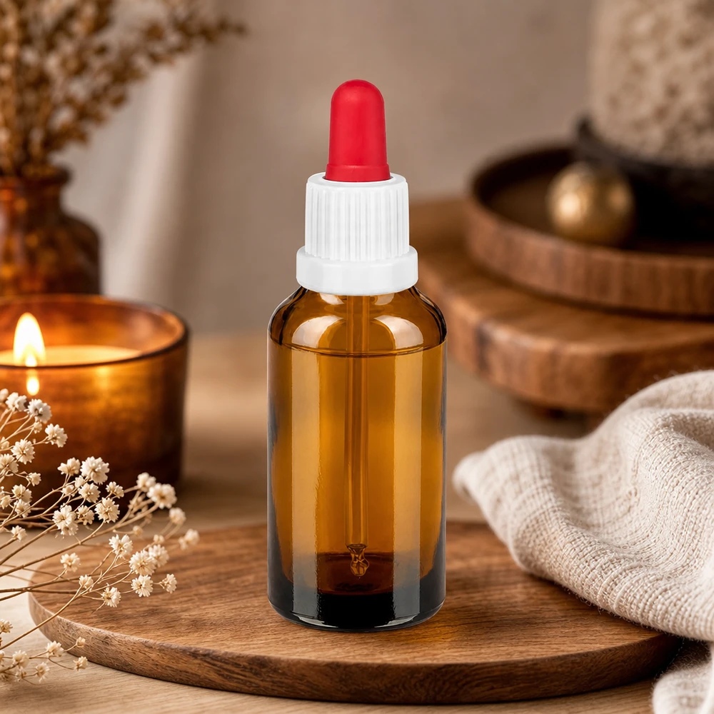 Bottiglia per pipette da 30 ml bianco/rosso OV BrownLine UT18/30 Flacone in vetro di qualità farmaceutica da 30 ml marrone con pipetta a prova di bambino per applicazioni mediche