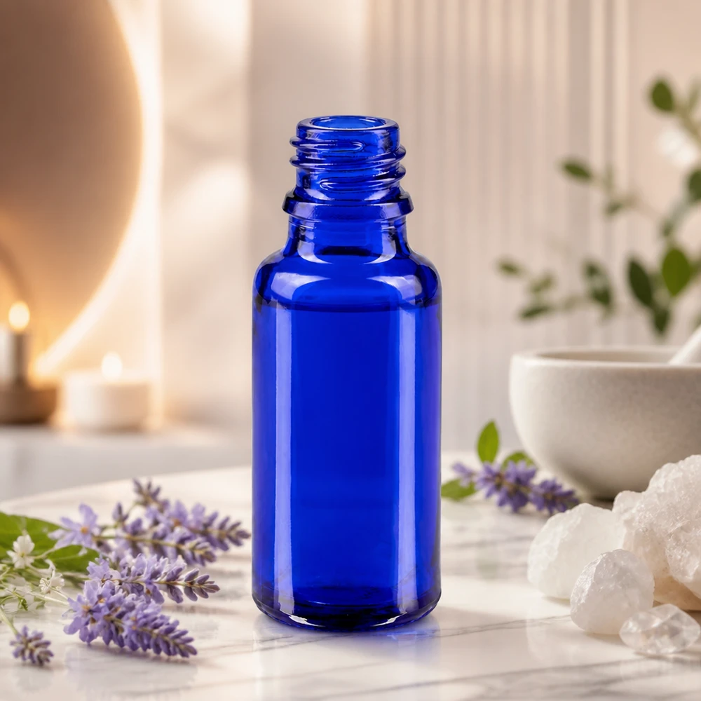 Flacone sottile in ApoGlas blu da 20 ml dal design classico per trattamenti benessere e spa
