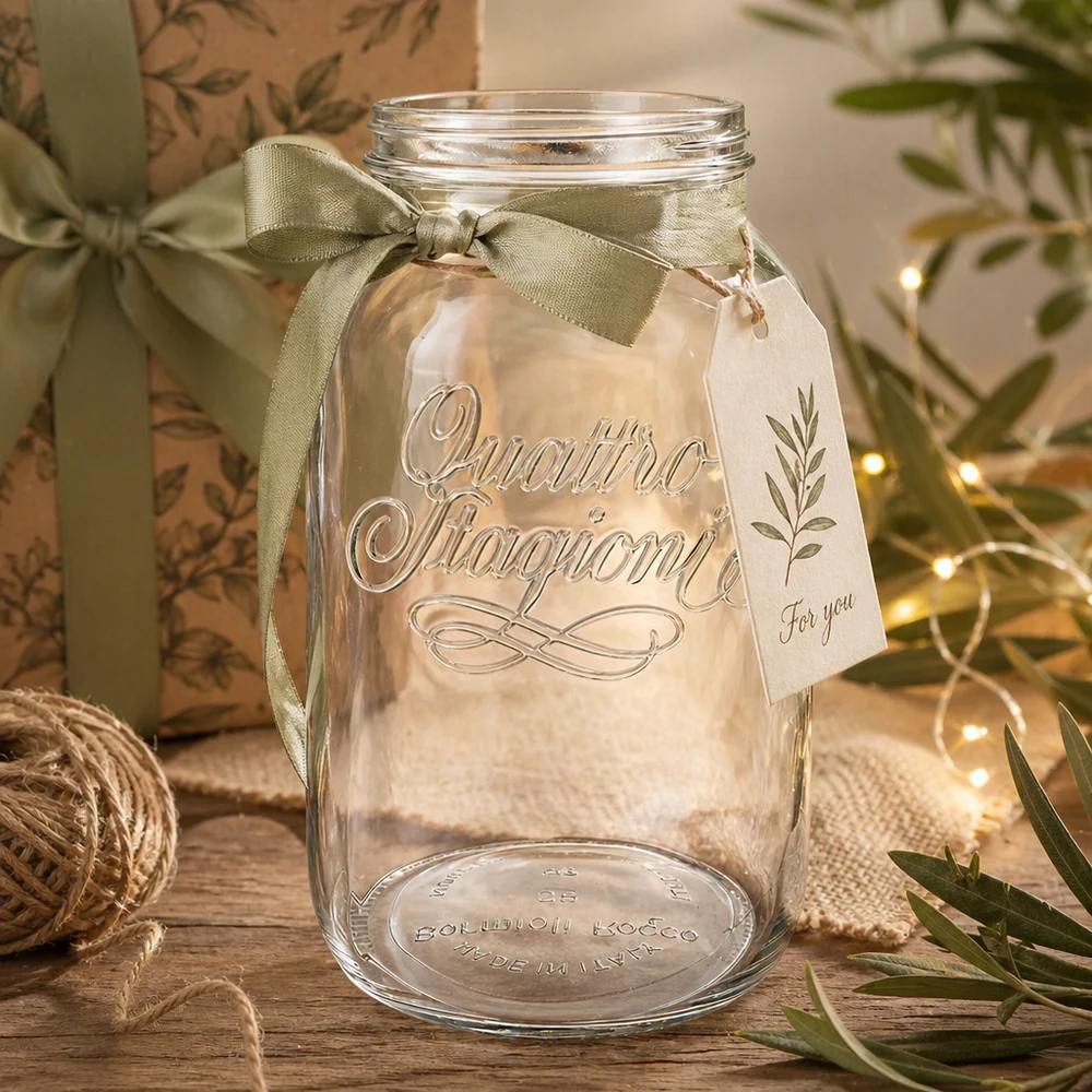 Vaso domestico "Quattro Stagioni" da 3800 ml Bicchiere per uso domestico Quattro Stagioni da 3800 ml, decorato con un fiocco verde e un'etichetta regalo su un tavolo di legno rustico