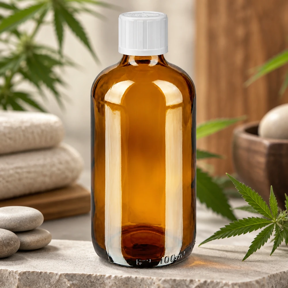 Flacone da farmacia da 100 ml in vetro ambrato con tappo bianco KiSi, con foglie di cannabis e pietre per il benessere