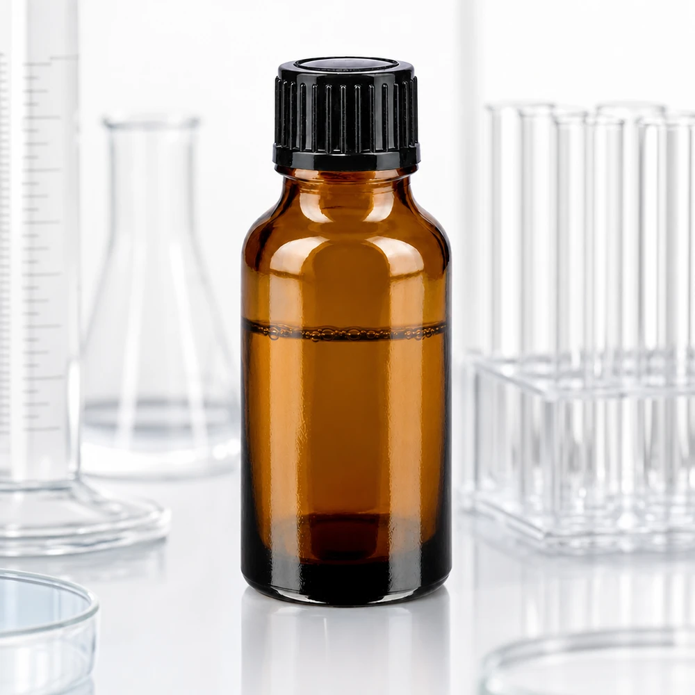 Flacone da farmacia da 20 ml in vetro marrone con tappo nero in ambiente di laboratorio