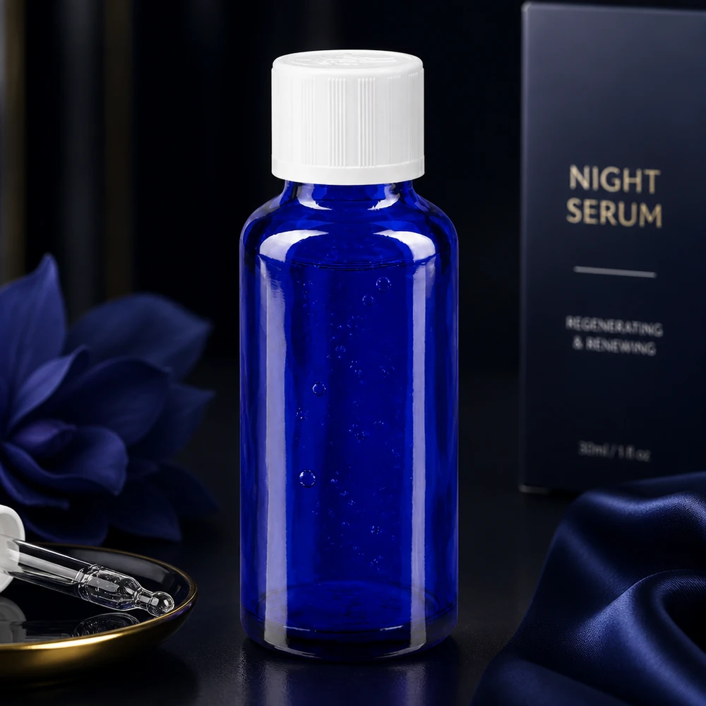 Contagocce blu da 30 ml. STD KiSi bianco/1,2mm ApoGlas Elegante flacone in vetro cobalto da 30 ml per siero da notte con tappo KiSi bianco su sfondo scuro