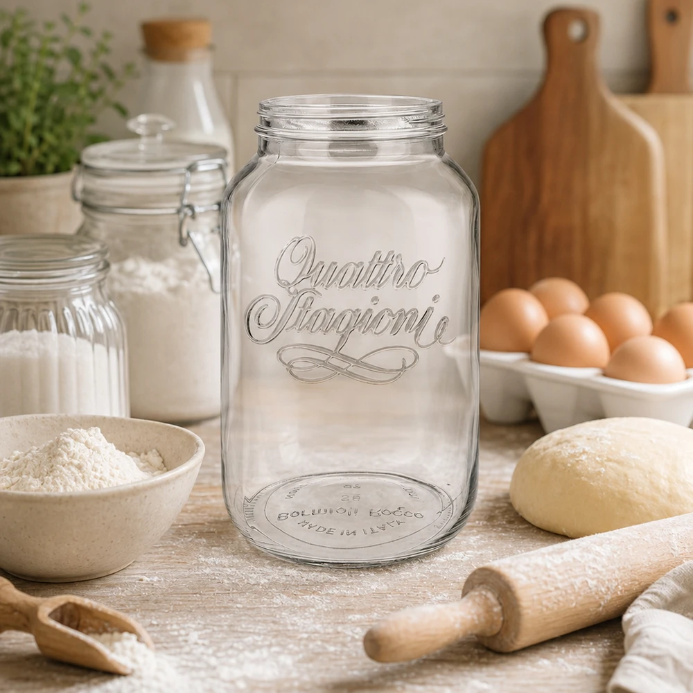 Vaso domestico "Quattro Stagioni" da 3800 ml 3800ml Quattro Stagioni Haushaltsglas in rustikaler Küche mit Backzutaten, perfekt für Vorratshaltung und Dekoration