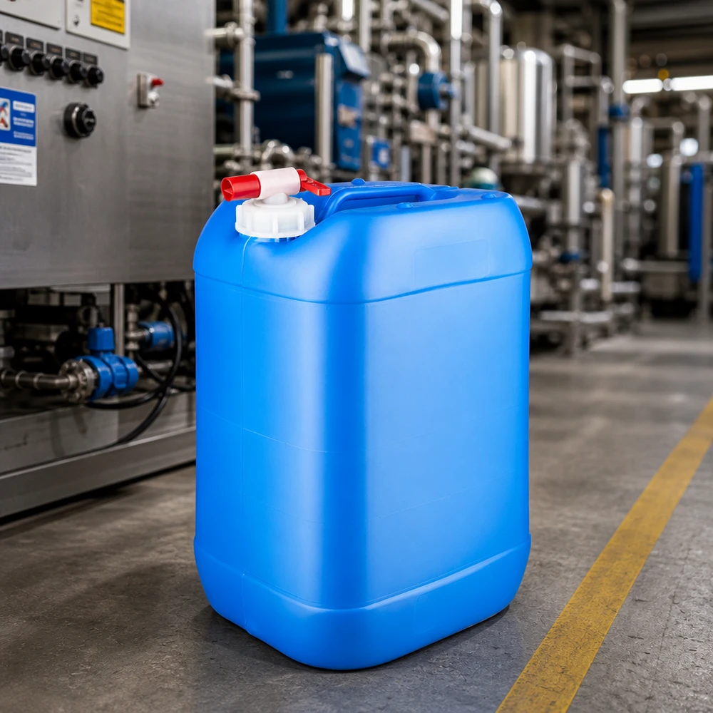 Tanica 25 litri blu con rubinetto di scarico Tanica industriale rettangolare da 25 litri, di colore blu con rubinetto rosso, su un pavimento in cemento di un capannone industriale