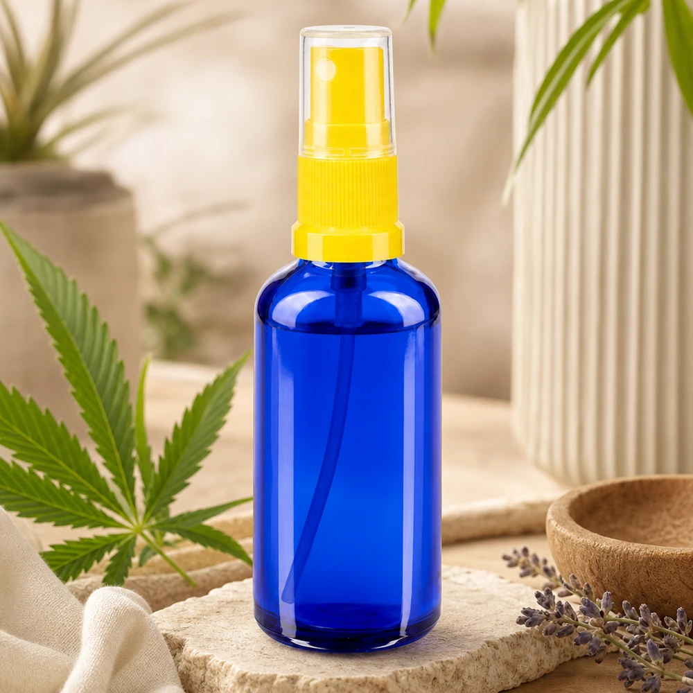 Flacone spray STD blu da 50 ml in vetro da farmacia con nebulizzatore giallo accanto a una foglia di cannabis