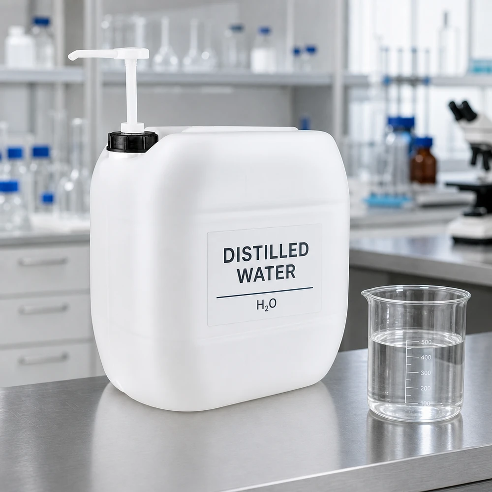 Tanica da laboratorio da 30 litri con pompa dosatrice, riempita con acqua distillata H₂O