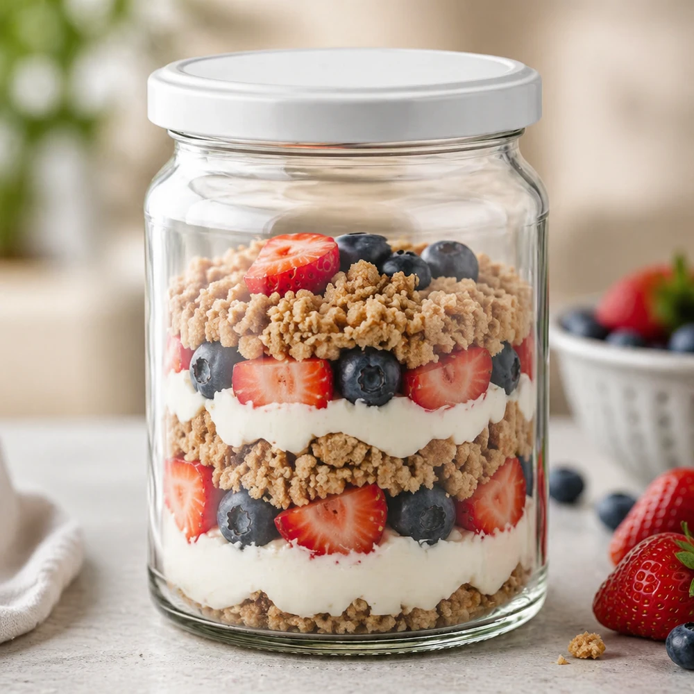 Barattolo rotondo da 205 ml con coperchio BasicSeal bianco UNiTWIST Bicchiere rotondo da 205 ml UNiTWIST come bicchiere da dessert per dessert a strati con frutti di bosco e yogurt - bicchiere versatile
