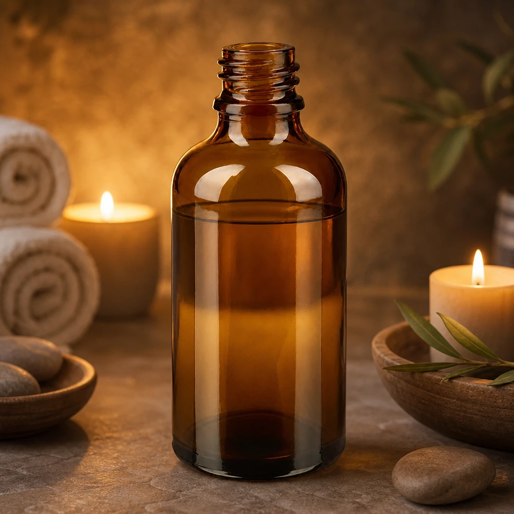 Bottiglia da farmacia ApoGlas marrone da 50 ml con olio in una calda atmosfera di benessere a lume di candela accanto a pietre termali