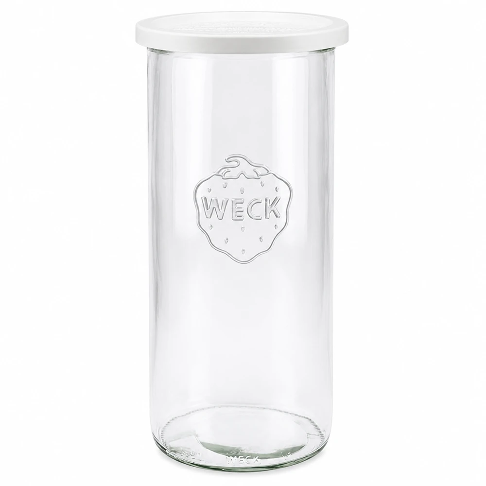Barattolo WECK 1500ml con coperchio bianco RR100 in vetro chiaro con logo WECK per la conservazione
