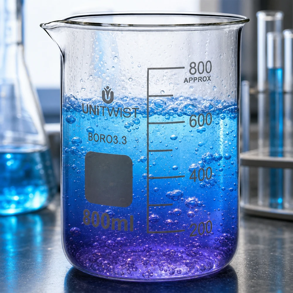 Bicchiere 800ml borosilicato, stampo basso UNiTWIST Becher da 800 ml, forma bassa, in borosilicato 3.3, contenente un liquido dai riflessi blu-viola