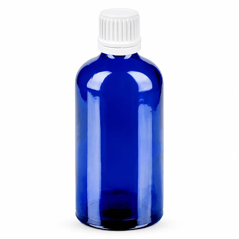 Bottiglia da 100ml 11mm SV bianco OV BlueLine UT18/100 Flacone piccolo da 100 ml in blu con tappo a vite bianco da 11 mm BlueLine