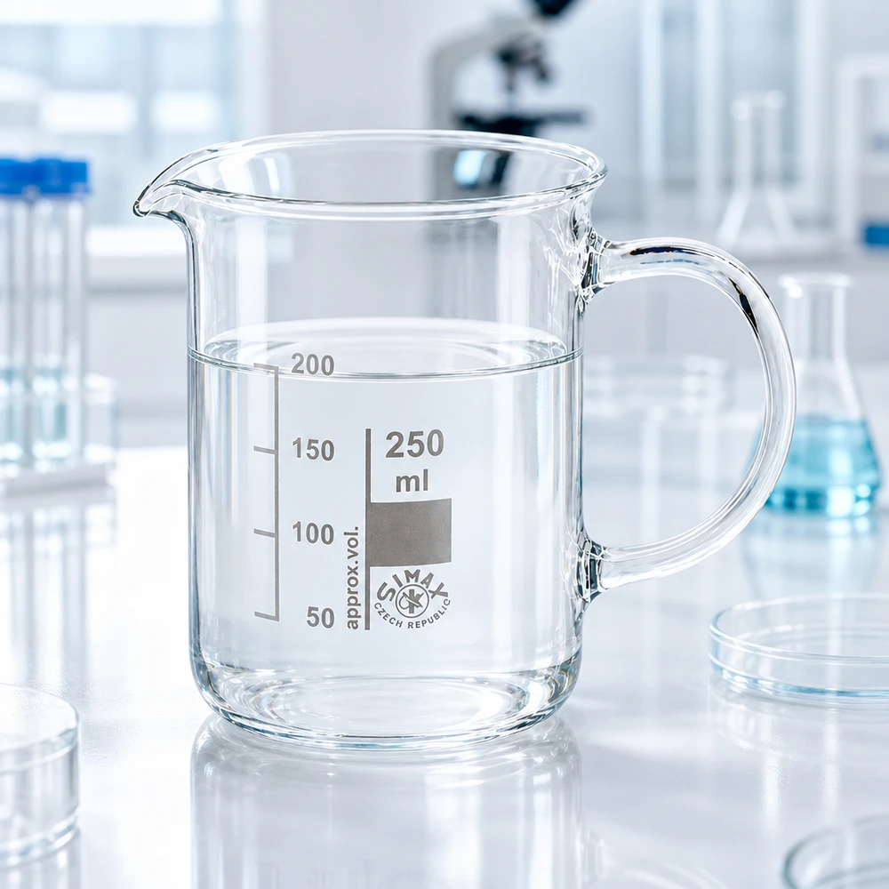 Bicchiere da 250 ml in vetro borosilicato, con manico Bicchiere da laboratorio trasparente da 250 ml con manico e scala graduata in millilitri in un ambiente di laboratorio moderno
