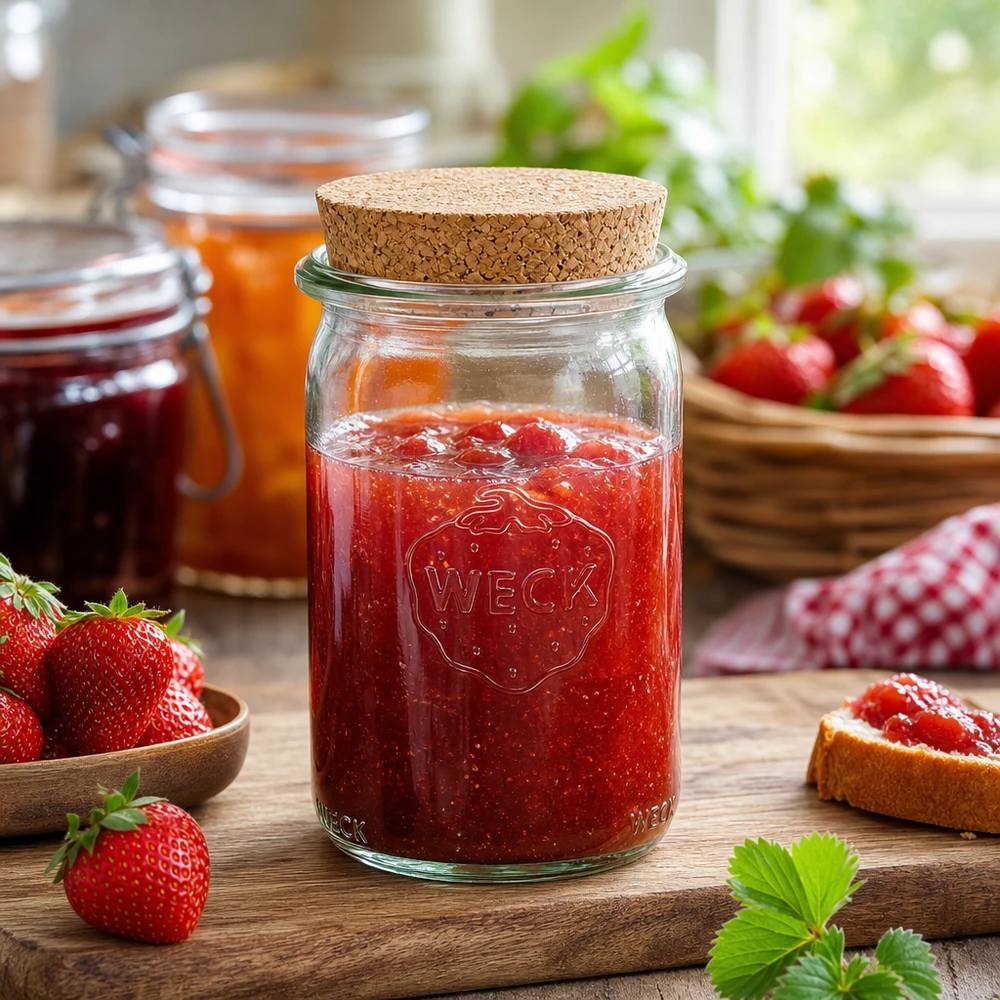 Barattolo cilindrico da 145 ml WECK RR40 con tappo in sughero naturale Barattolo cilindrico WECK da 145 ml con coperchio in sughero riempito di marmellata di fragole circondato da fragole fresche su un tavolo di legno
