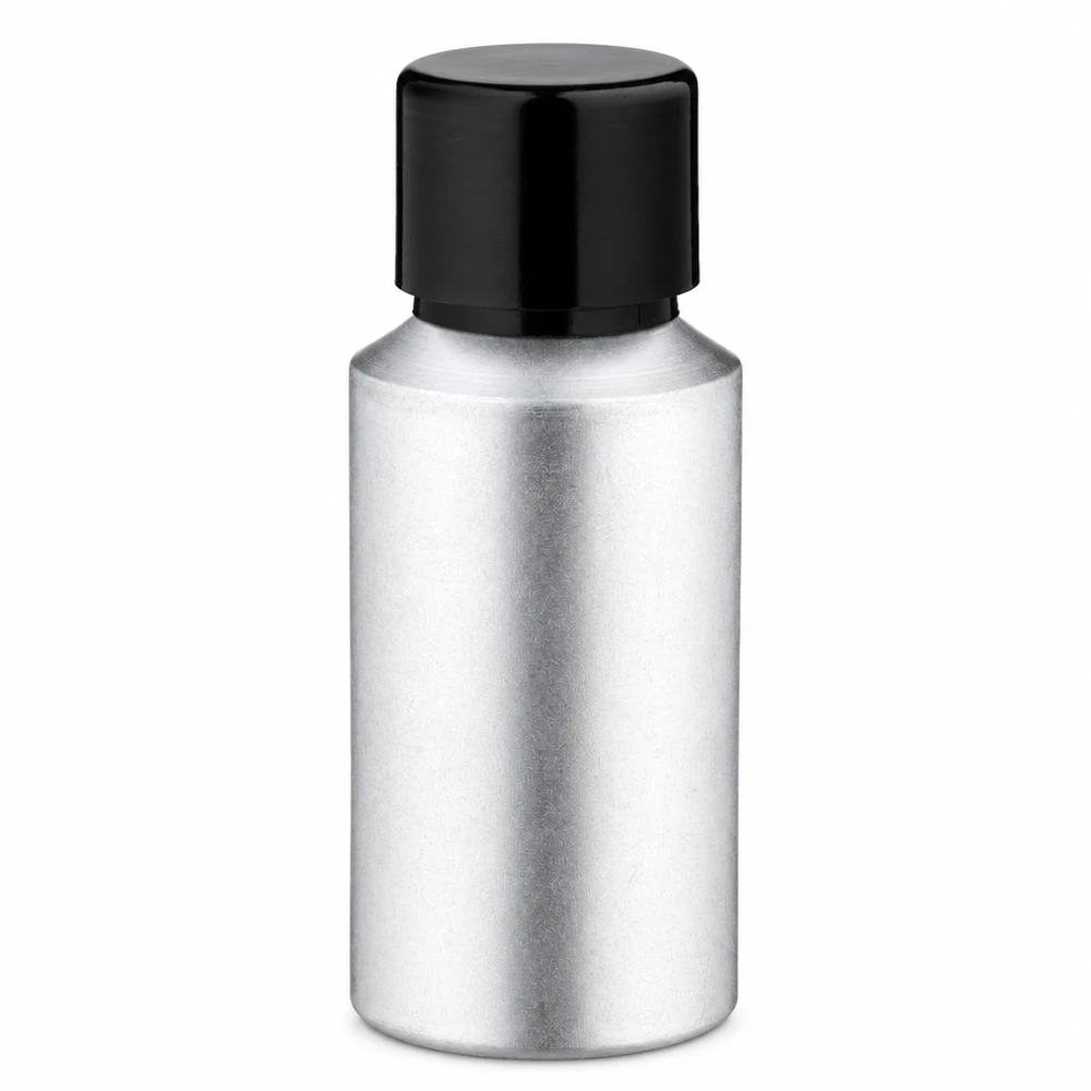 Flacone compatto da 30 ml in alluminio argentato con tappo a vite nero