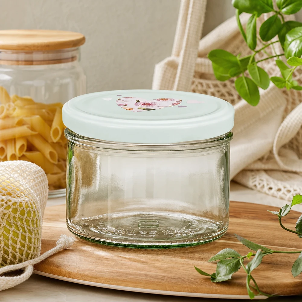 Barattolo cilindrico da 230 ml + coperchio BasicSeal cuore menta Barattolo cilindrico da 230 ml BasicSeal coperchio cuore menta vuoto su vassoio di legno con sacchetto di juta per pasta e piante verdi