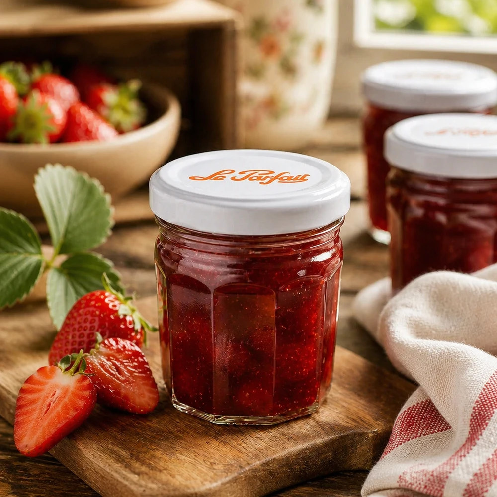 Mini vasetti di marmellata Le Parfait da 44 ml con fragole e marmellata su una tavola di legno - perfetti per le creme spalmabili fatte in casa