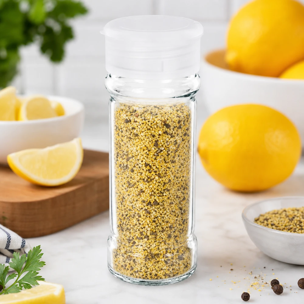 Barattolo per sale/spezie da 100 ml con dosatore, bianco Vaso in vetro trasparente da 100 ml con coperchio in plastica bianca e miscela di spezie al pepe e limone
