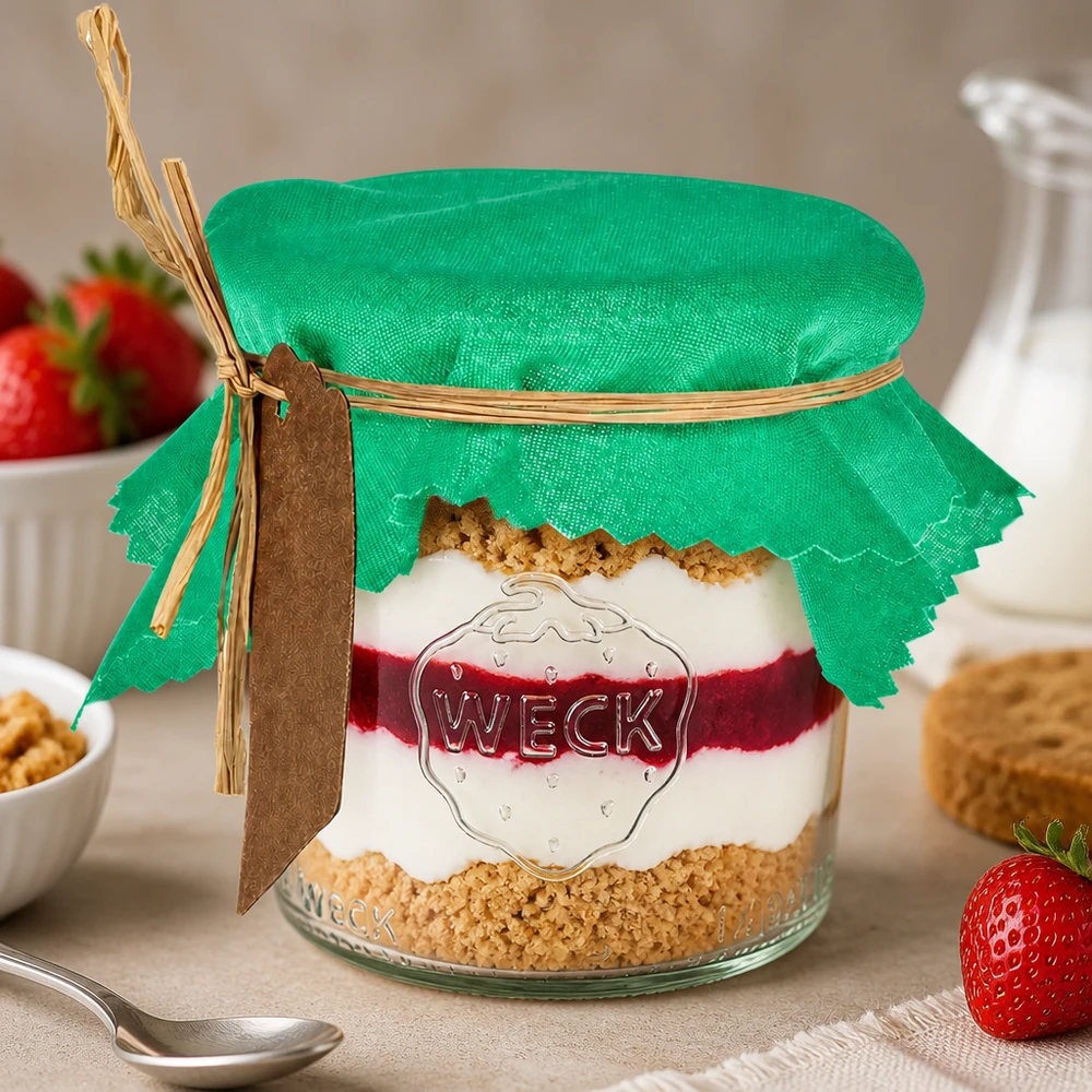 Centrino in tessuto verde 12cm quadrato su bicchiere da dessert con dessert a strati e fragole fresche come decorazione da tavola