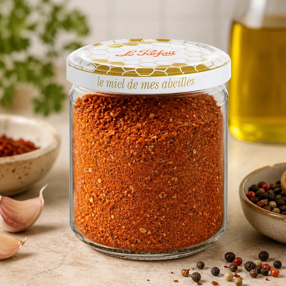 Vasetto per miele Le Parfait da 212 ml riempito con miscela di spezie, aglio, pepe e olio d'oliva.