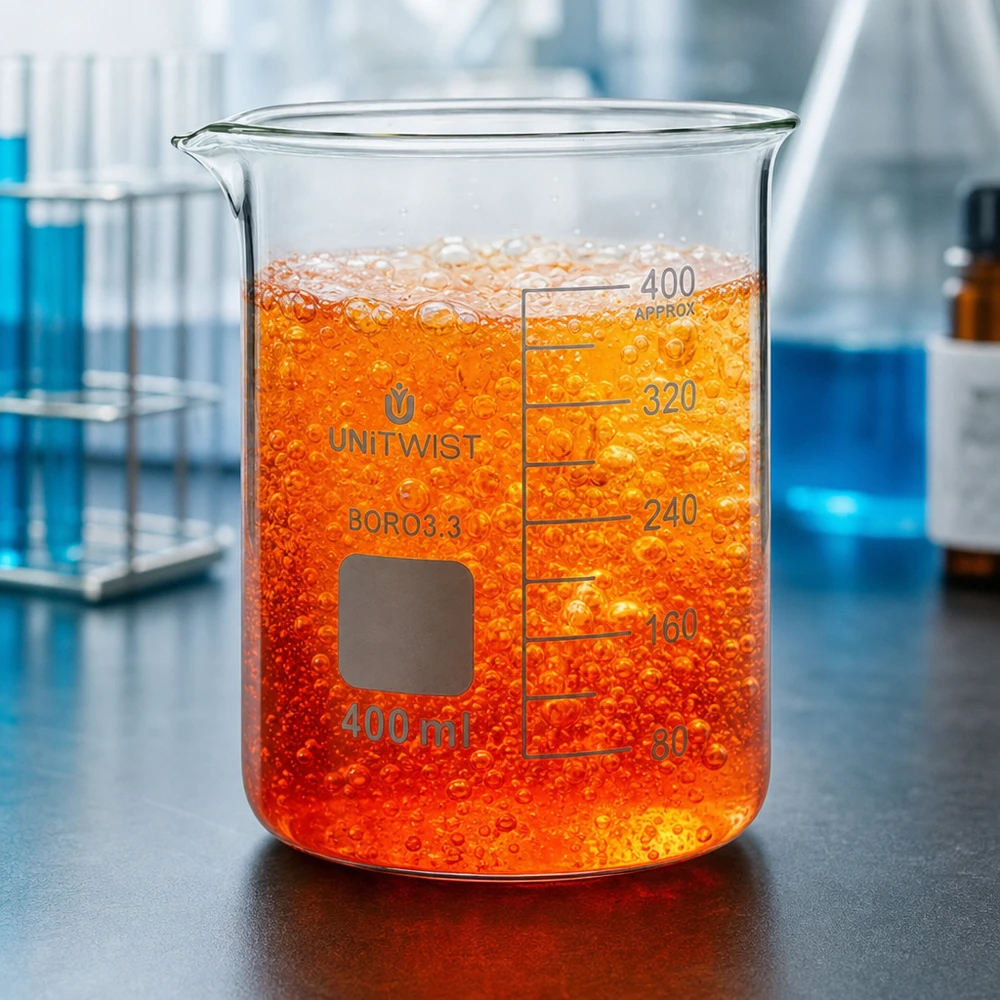 Bicchiere da laboratorio UNiTWIST da 400 ml contenente un liquido frizzante di colore arancione con bolle visibili