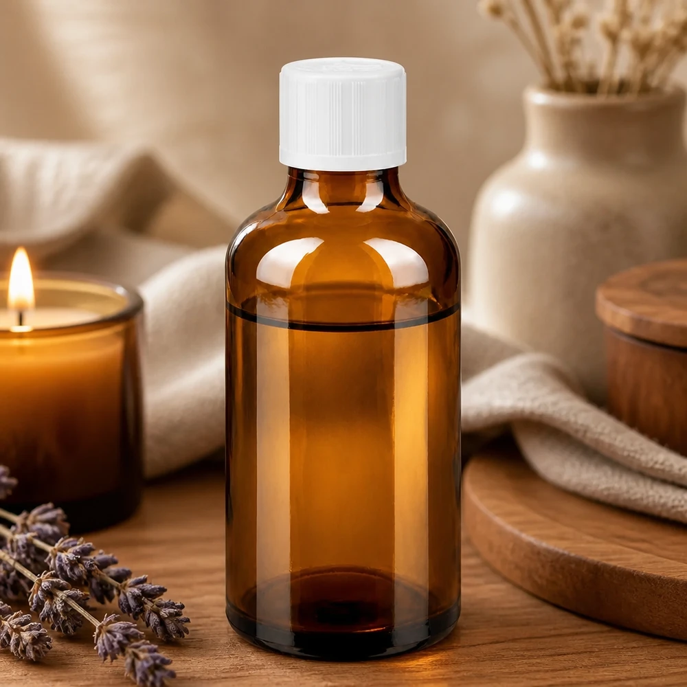 Flacone di vetro da 50 ml color ambra con tappo a vite bianco, appoggiato su una superficie di legno accanto a rametti di lavanda