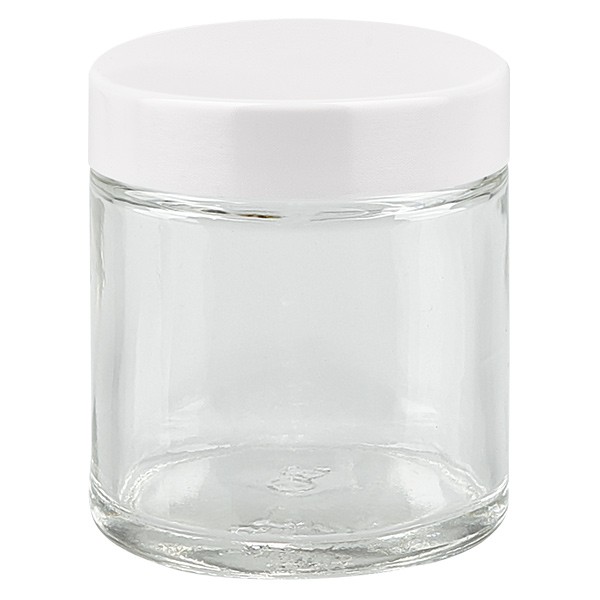 Barattolo di vetro da 30ml trasparente, con coperchio in bachelite bianca ApoGlas Barattolo di vetro da 30ml trasparente, con coperchio in bachelite bianca ApoGlas