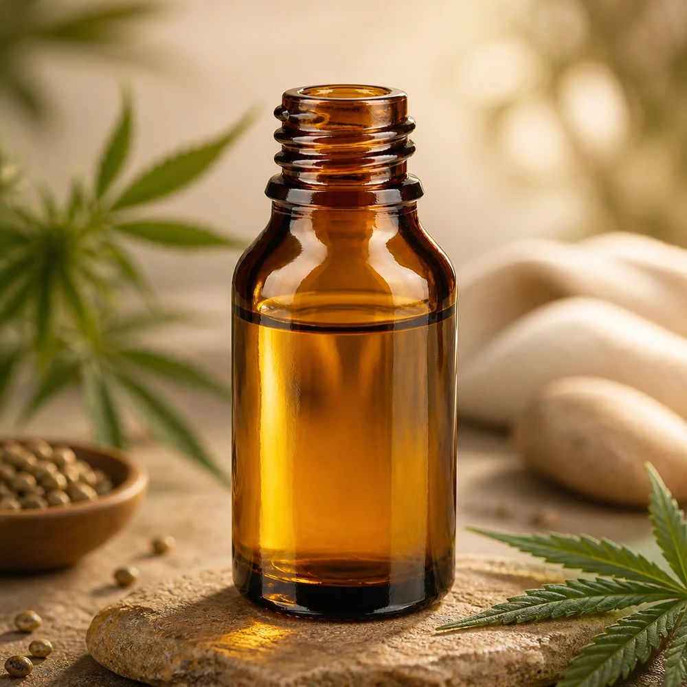 Flacone ApoGlas marrone da 15 ml con foglie di cannabis, semi di canapa e pietre termali per prodotti naturali per il benessere