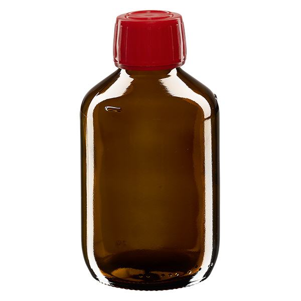 Flacone per medicinali da 200 ml marrone, tappo rosso con chiusura antimanomissione Flacone per medicinali da 200 ml marrone, tappo rosso con chiusura antimanomissione