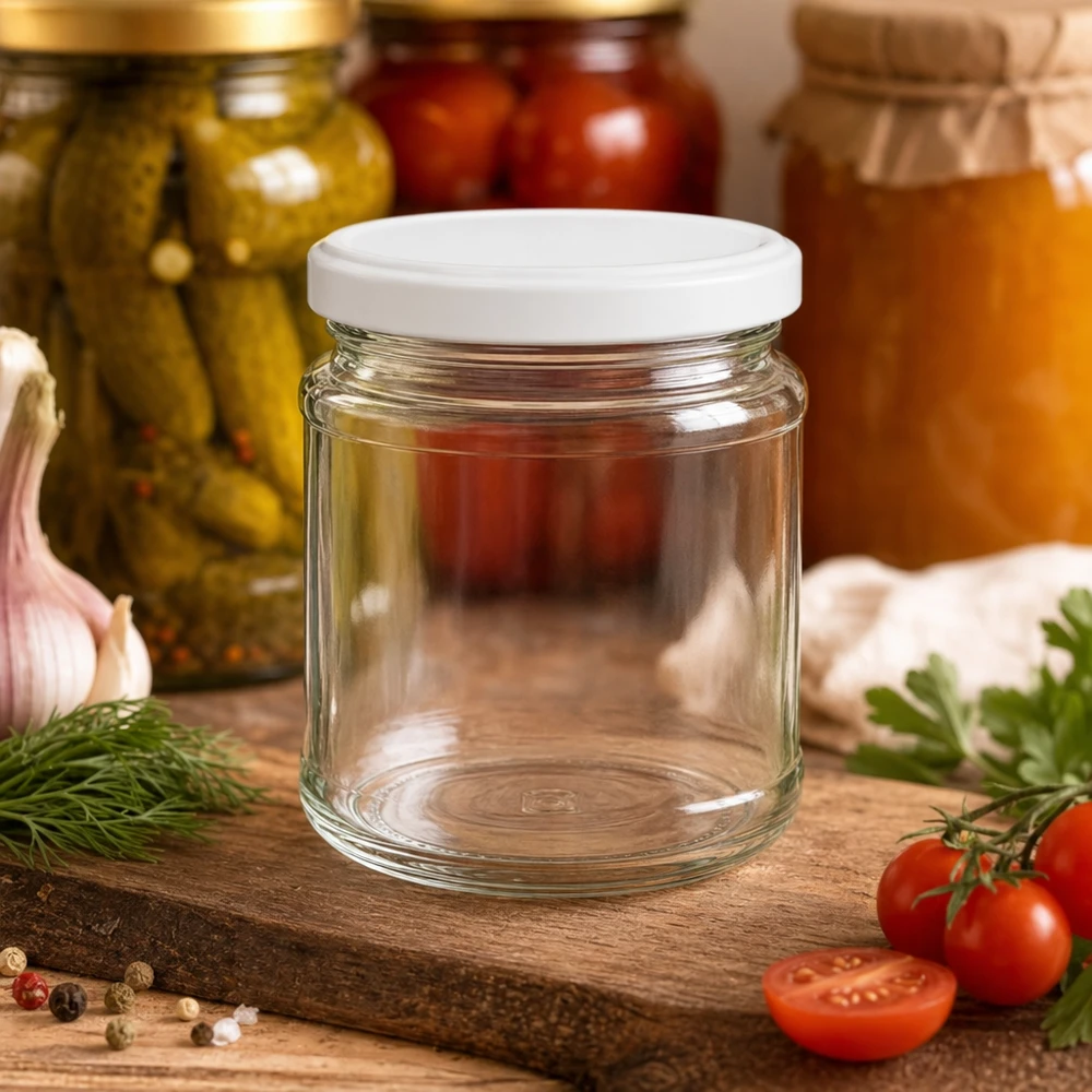 Barattolo rotondo da 212 ml con coperchio BasicSeal bianco UNiTWIST Vaso da conserva 212ml con coperchio bianco su tavola di legno accanto a pomodori, erbe e vasi da conserva pieni sullo sfondo