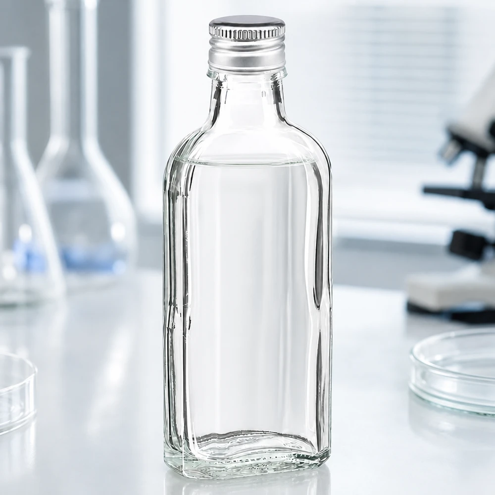 100 ml Meplat trasparente con tappo in alluminio argento PP22 Flacone Meplat trasparente da 100 ml con tappo a vite in alluminio argentato PP22 in laboratorio