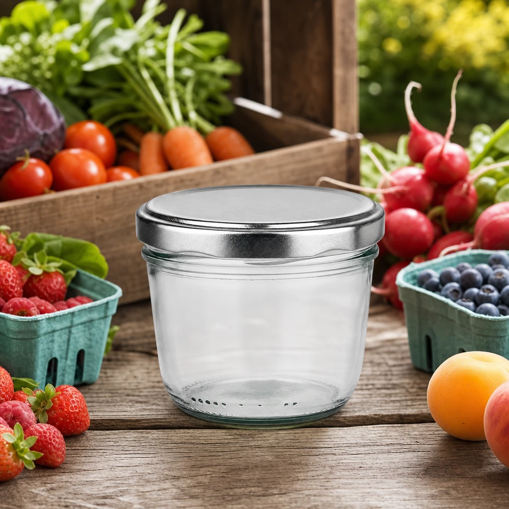 Bicchieri da 230 ml con coperchio BasicSeal argento UNiTWIST Bicchieri da 230 ml argento BasicSeal coperchio tra frutta fresca verdura su tavolo di legno scena cucina all'aperto naturale