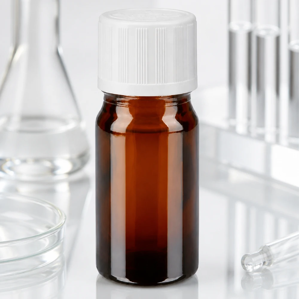Fiala da 5 ml in vetro ambrato con tappo di sicurezza bianco a prova di bambino, in laboratorio tra matracci e provette