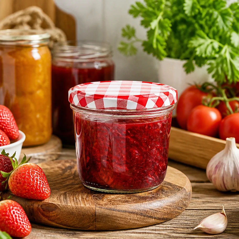 Bicchieri da 230 ml + coperchio BasicSeal rosso/bianco UN.. Bicchieri da 230 ml con scena di cucina riempiti di marmellata di fragole e coperchio BasicSeal a scacchiera bianca e rossa