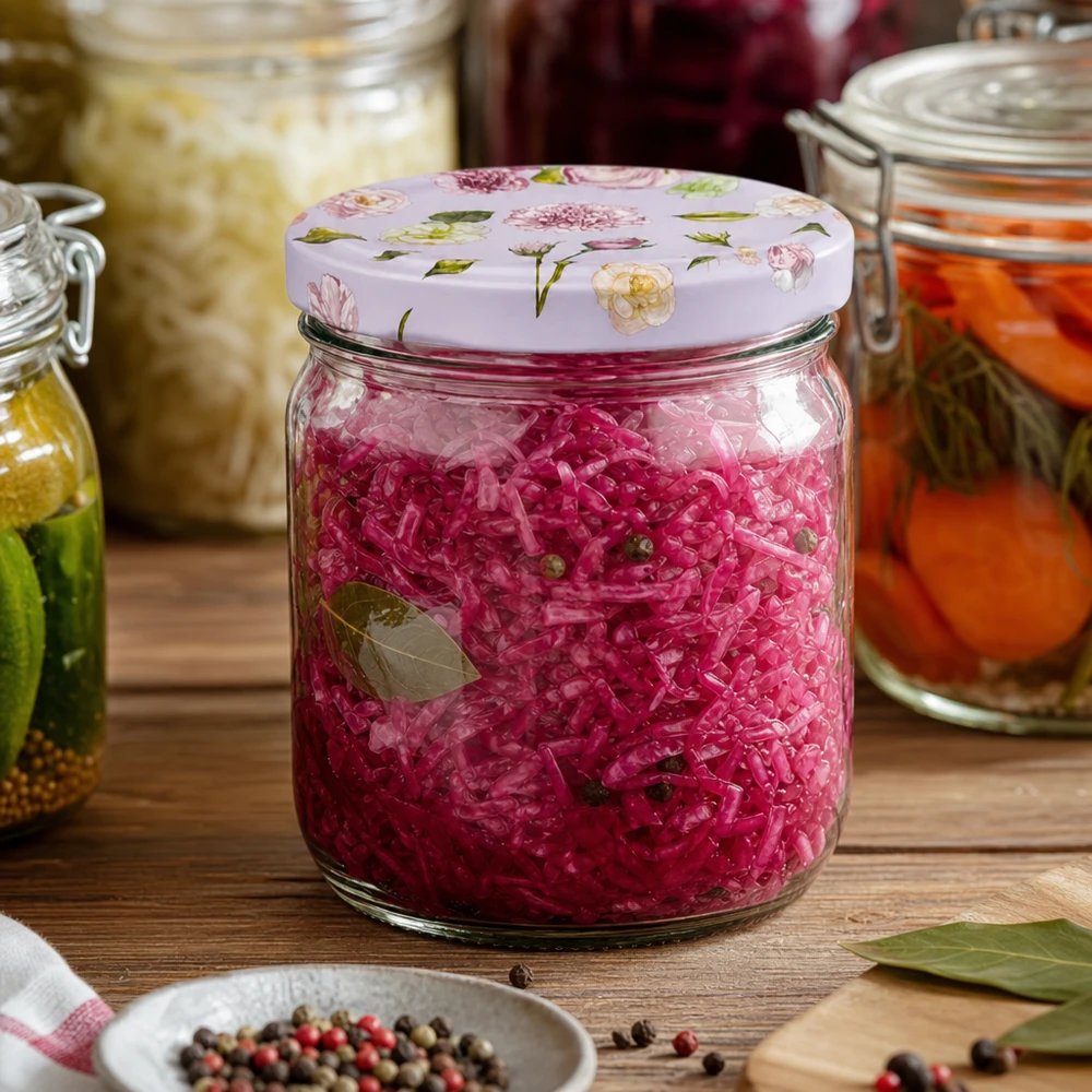 425ml vaso rotondo + coperchio BasicSeal rosa fiore UNiTWIST Vaso rotondo da 425 ml con coperchio floreale rosa riempito con cavolo rosso fermentato tra spezie mostra conservazione