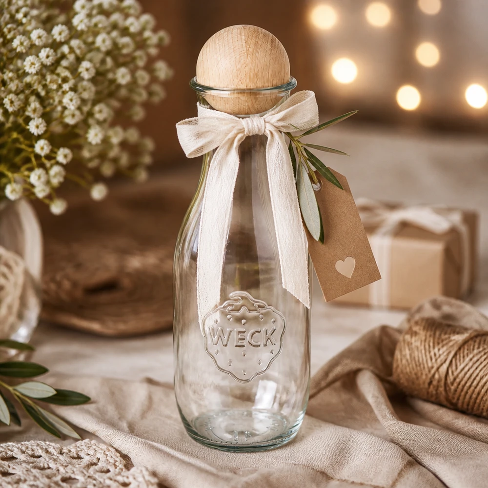 Bottiglia di succo WECK da 1062 ml RR60 in regalo decorata con fiocco bianco, etichetta in carta kraft e ramo d'ulivo