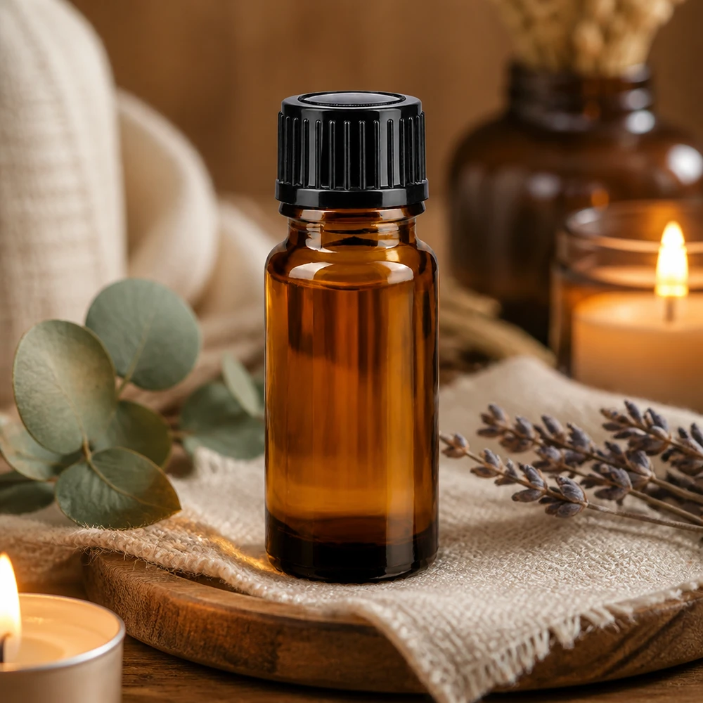Flacone da farmacia marrone da 10 ml. SV STD nero/11mm ApoGlas Flacone in vetro ambrato da 10 ml per aromaterapia con tappo contagocce nero, accanto a candele ed erbe aromatiche