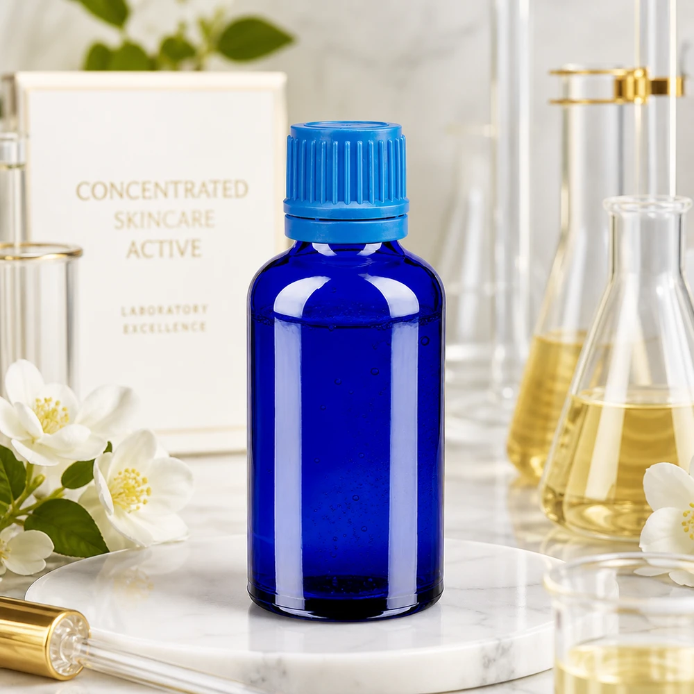 Bottiglia da 50ml 11mm SV blu OV BlueLine UT18/50 Flacone da 50 ml in vetro pregiato di colore blu intenso con tappo a vite ergonomico per l'uso quotidiano