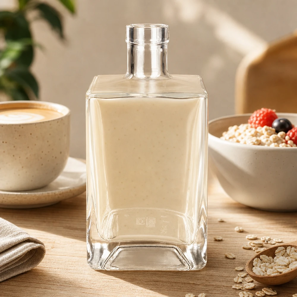 Flacone in vetro da 700 ml Ben senza tappo UNiTWIST® Bottiglia di vetro da 700 ml Ben trasparente rettangolare su tavolo di legno con tazza da caffè e ciotola per cereali ambiente lifestyle