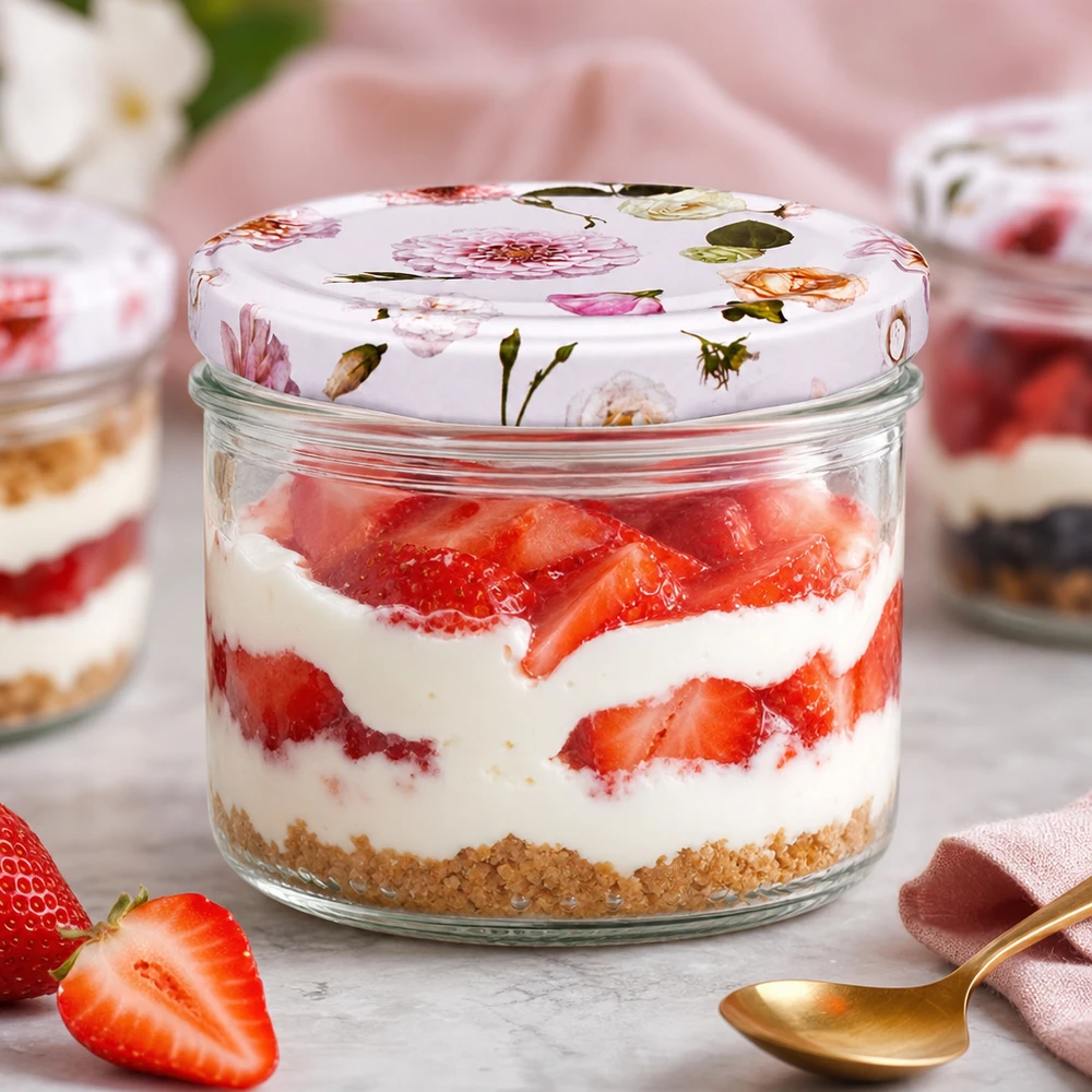 Barattolo cilindrico da 230 ml + coperchio BasicSeal rosa fiore Dessert alla fragola in vaso cilindrico da 230 ml con coperchio BasicSeal Rosa fiorito - dessert a strati con fragole fresche